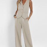 Button-Front V-Neck Waistcoat with Wide-Leg Trousers Set