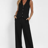 Button-Front V-Neck Waistcoat with Wide-Leg Trousers Set