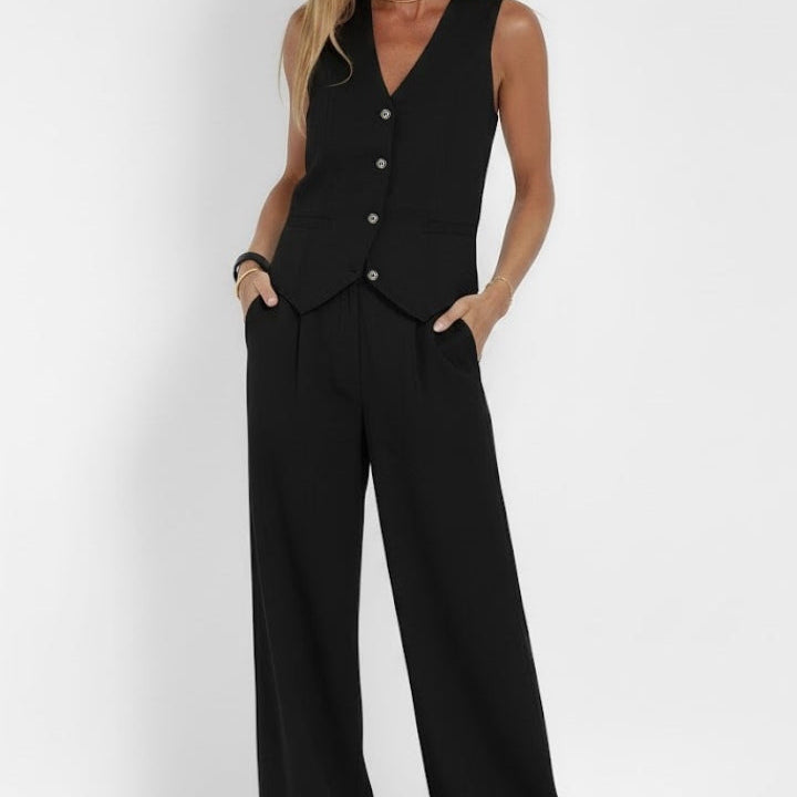 Button-Front V-Neck Waistcoat with Wide-Leg Trousers Set