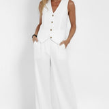 Button-Front V-Neck Waistcoat with Wide-Leg Trousers Set