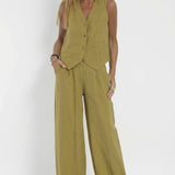 Button-Front V-Neck Waistcoat with Wide-Leg Trousers Set