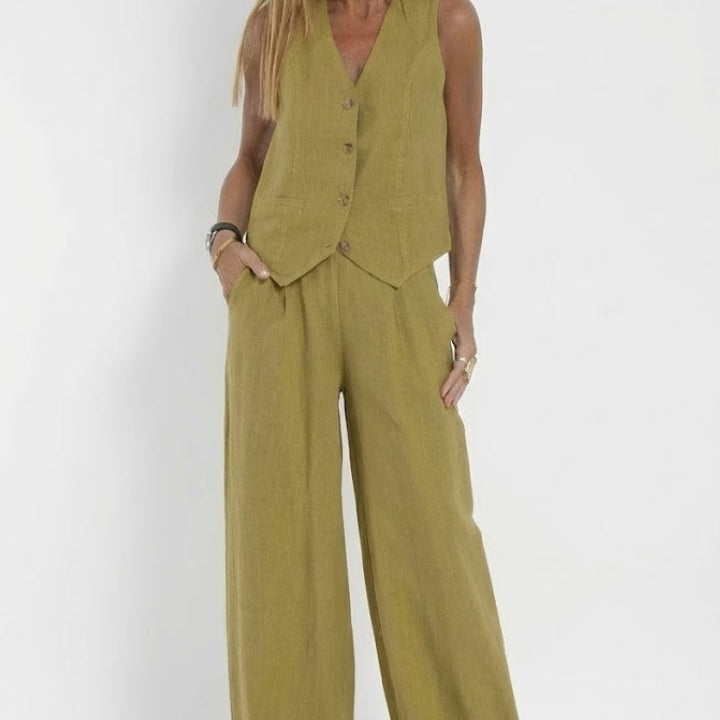 Button-Front V-Neck Waistcoat with Wide-Leg Trousers Set