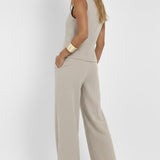 Button-Front V-Neck Waistcoat with Wide-Leg Trousers Set