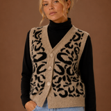 Leopard Print Knit Vest with V-Neck and Button Front