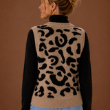 Leopard Print Knit Vest with V-Neck and Button Front
