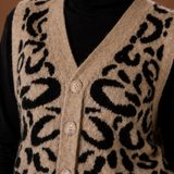 Leopard Print Knit Vest with V-Neck and Button Front