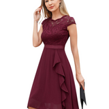 Lace A-Line Midi Dress with Ruffle Front and Cap Sleeves