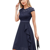 Lace A-Line Midi Dress with Ruffle Front and Cap Sleeves