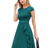 Lace A-Line Midi Dress with Ruffle Front and Cap Sleeves