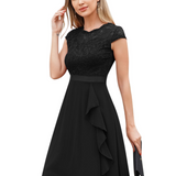 Lace A-Line Midi Dress with Ruffle Front and Cap Sleeves