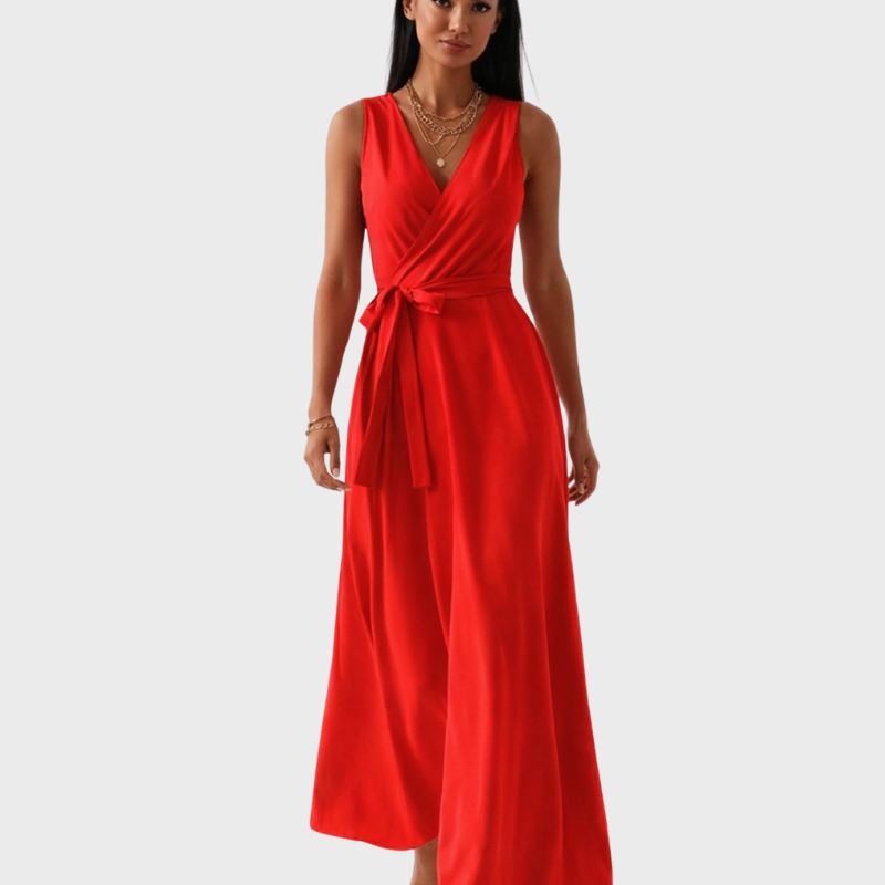 Flared Wrap Maxi Dress with Tie Waist and V-Neck