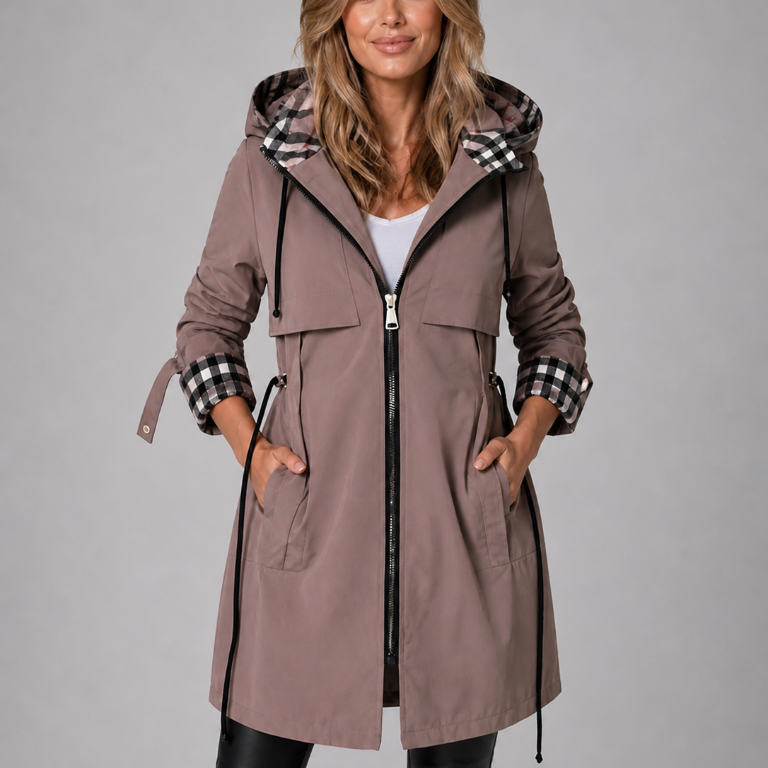 Hooded Long Jacket with Drawstring Waist and Zip Front