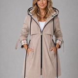 Hooded Long Jacket with Drawstring Waist and Zip Front