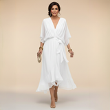 Tie-Waist V-Neck Maxi Dress with Batwing Sleeves