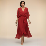 Tie-Waist V-Neck Maxi Dress with Batwing Sleeves