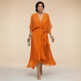 Tie-Waist V-Neck Maxi Dress with Batwing Sleeves