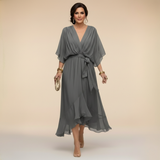 Tie-Waist V-Neck Maxi Dress with Batwing Sleeves