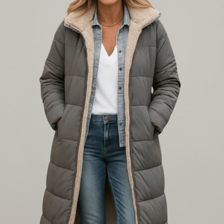 Fleece-Lined Longline Puffer Coat with Hood