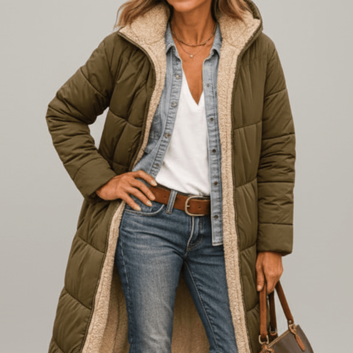 Fleece-Lined Longline Puffer Coat with Hood