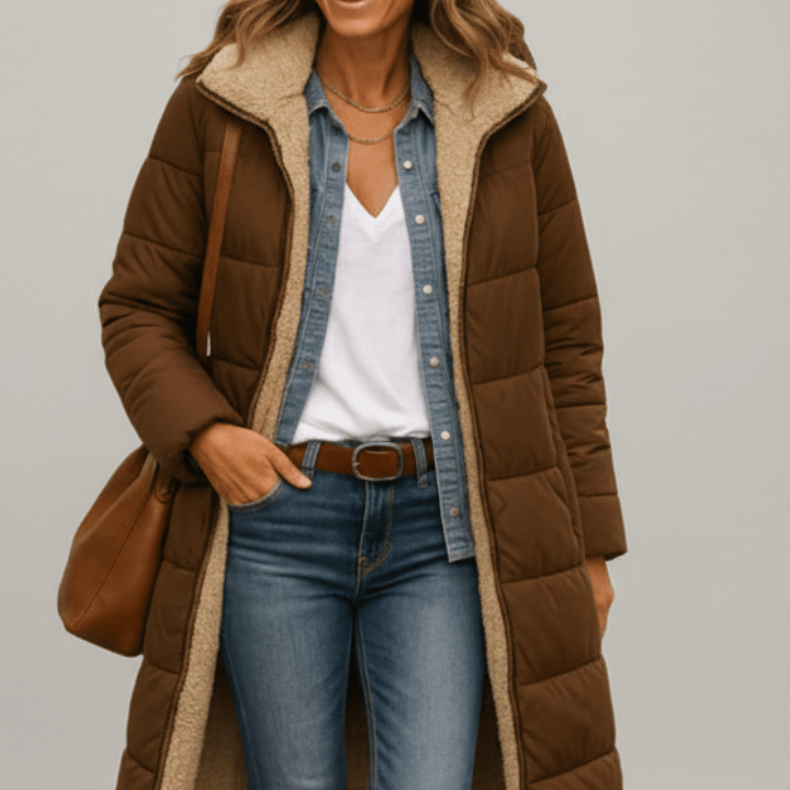 Fleece-Lined Longline Puffer Coat with Hood