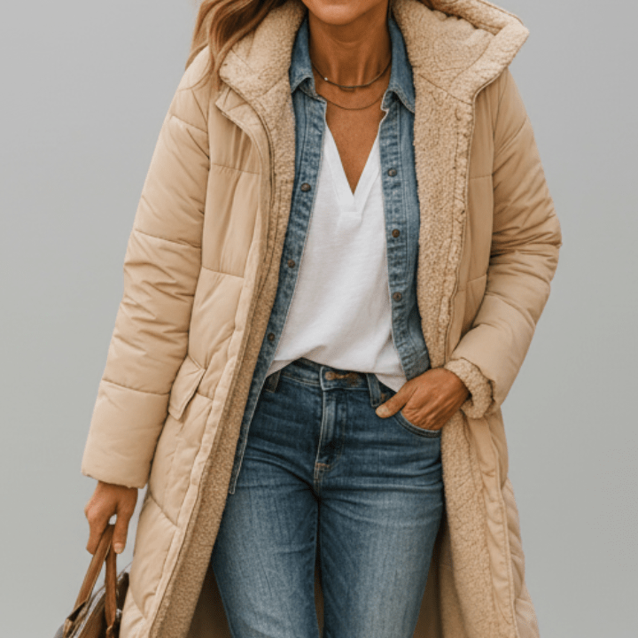 Fleece-Lined Longline Puffer Coat with Hood