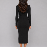 Ribbed Knit Midi Dress with V-Neck and Button Front