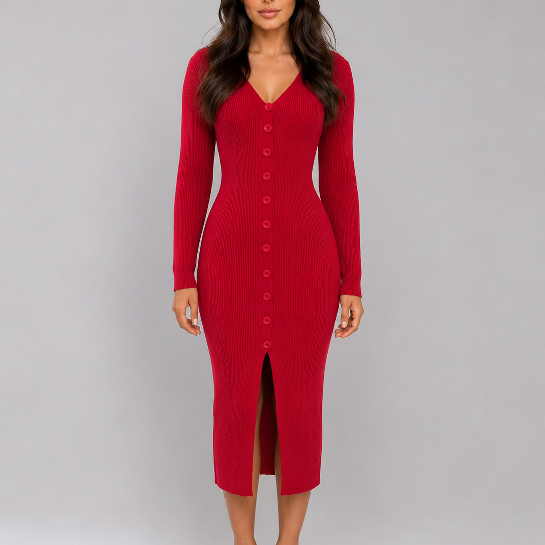 Ribbed Knit Midi Dress with V-Neck and Button Front