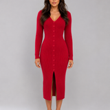 Ribbed Knit Midi Dress with V-Neck and Button Front