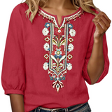 Floral Embroidered V-Neck Blouse with Three-Quarter Sleeves
