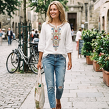 Floral Embroidered V-Neck Blouse with Three-Quarter Sleeves
