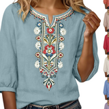 Floral Embroidered V-Neck Blouse with Three-Quarter Sleeves