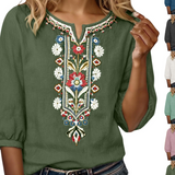 Floral Embroidered V-Neck Blouse with Three-Quarter Sleeves