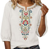 Floral Embroidered V-Neck Blouse with Three-Quarter Sleeves