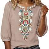 Floral Embroidered V-Neck Blouse with Three-Quarter Sleeves