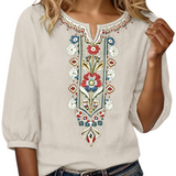 Floral Embroidered V-Neck Blouse with Three-Quarter Sleeves