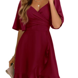 V-Neck Wrap Mini Dress with Flutter Sleeve and Tie Waist