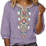 Floral Embroidered V-Neck Blouse with Three-Quarter Sleeves