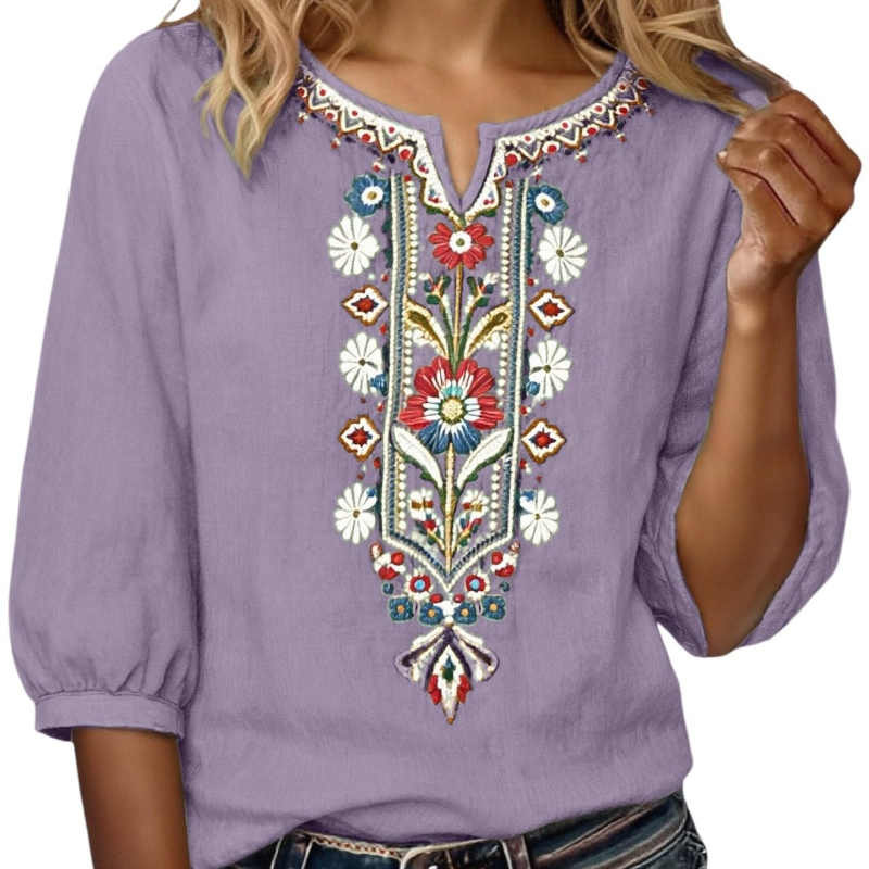 Floral Embroidered V-Neck Blouse with Three-Quarter Sleeves