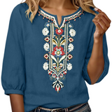 Floral Embroidered V-Neck Blouse with Three-Quarter Sleeves