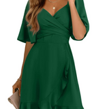 V-Neck Wrap Mini Dress with Flutter Sleeve and Tie Waist