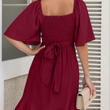 V-Neck Wrap Mini Dress with Flutter Sleeve and Tie Waist