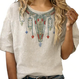 Floral Embroidered V-Neck Blouse with Three-Quarter Sleeves