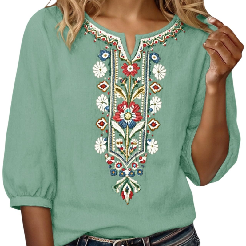 Floral Embroidered V-Neck Blouse with Three-Quarter Sleeves