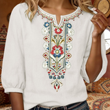 Floral Embroidered V-Neck Blouse with Three-Quarter Sleeves