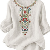 Floral Embroidered V-Neck Blouse with Three-Quarter Sleeves