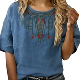 Floral Embroidered V-Neck Blouse with Three-Quarter Sleeves