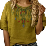 Floral Embroidered V-Neck Blouse with Three-Quarter Sleeves