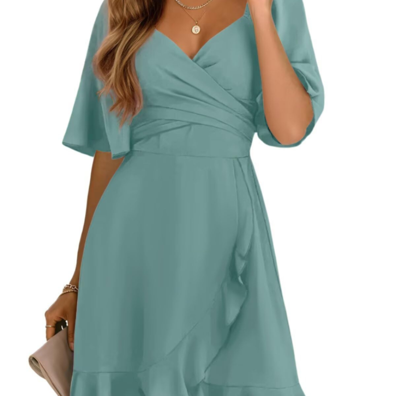 V-Neck Wrap Mini Dress with Flutter Sleeve and Tie Waist