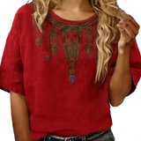 Floral Embroidered V-Neck Blouse with Three-Quarter Sleeves
