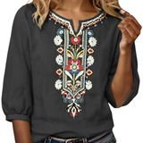 Floral Embroidered V-Neck Blouse with Three-Quarter Sleeves